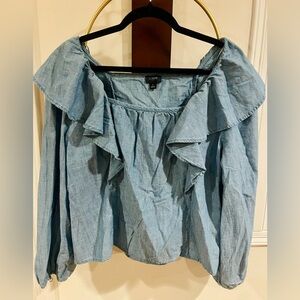 J. Crew Chambray Ruffle-Trim Long Sleeve Blouse